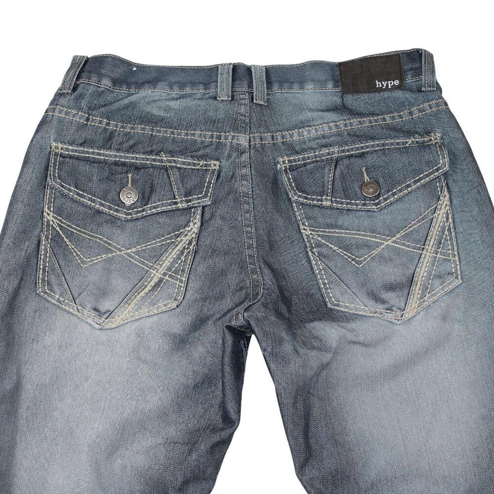 Hype Mens Sz 32 X 32 Medium Wash Denim Blue Jeans Straight Leg Decorated Pockets - Picture 4 of 15